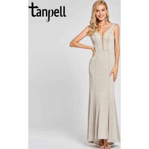 Tanpell backless long evening dress silver sleeveless floor length mermaid dresses women wedding party prom formal evening gown