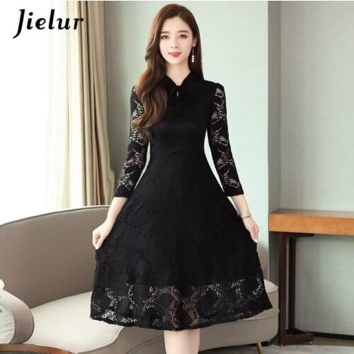 Jielur Dress Women 2021 Autumn Winter Lace Dresses Black Robe Femme High Waist Elegant Hollow Out Lace-up Dress S-XXXL Slim