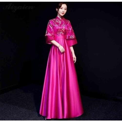 Women Traditional Chinese Wedding Dress Qipao Long Cheongsam Red Satin Bride Oriental Dresses Gold Brocade Gown Bridesmaid Robe