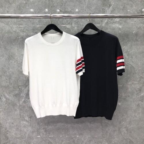 2021 New Fashion TB THOM Brand T-Shirt Men Short sleeve Casual Clothing Solid Summer Slim Red Black Stripes O-neck Cotton Shirts