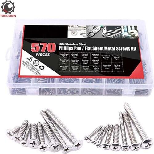 570pcs M 3 4 5 6 Stainless Steel Phillips Round Flat Head Countersunk Self Tapping Screw Assortment Kit Wood Hardware Tool