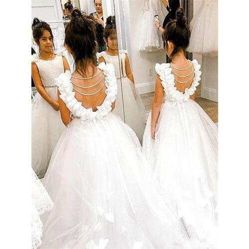 Ball Gown Princess Flower Girls Dresses Appliques with Beaded Stunning Cute Girls First Communion Dress White