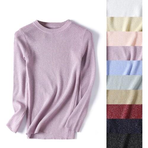 Shiny women cotton sweater wool knitted pullovers long sleeve warm soft female tops O-neck solid loose casual multicolor sweater