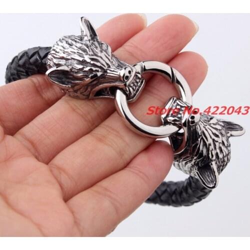 Cool Stainless Silver color Wolf Head Bracelets Bangles High Quality Black Genuine Leather Bracelet Men Pulseras Jewelry Gift