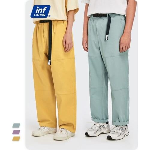 INFLATION Mens Casual Pants 2021 New Look Harajuku Vintage Candy Color Loose Fit Straight Pants With Belt Men Baggy Pant 3612S21