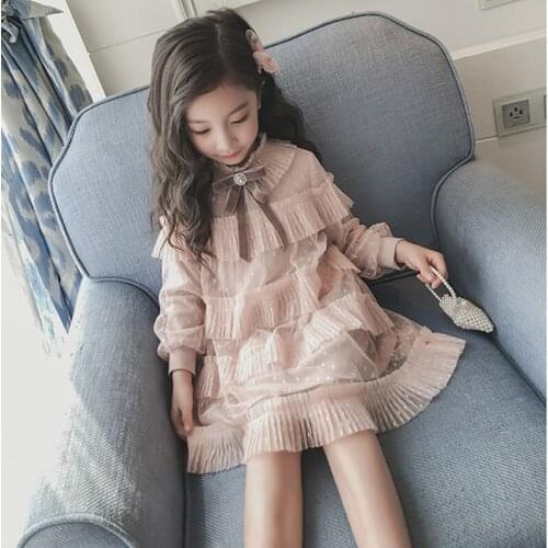 Kids Dresses For Girls Korean Fashion Multi-layer Mesh Long-sleeved Princess Dress For Girl 2020 New Arrival Girls Clothing