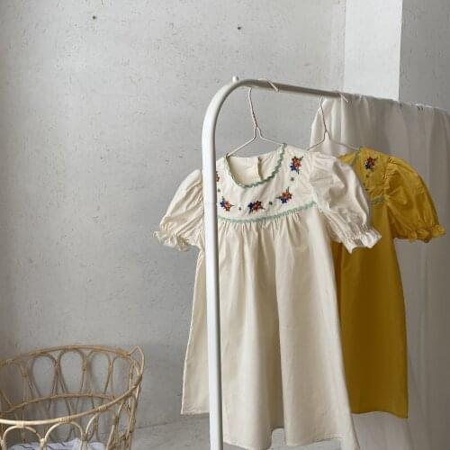 Kids Dresses for Girls 2021 Summer New Baby Cotton Embroidery Floral Dress Child Korean Short Sleeve Dress for Girl Kids Clothes