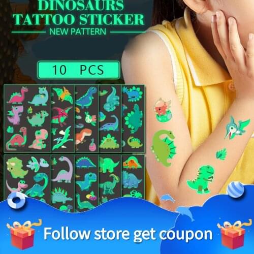 Childrens Dinosaur Tattoo Stickers Luminous Waterproof Temporary Cartoon Glowing Fake Body Art Tatoo Sweatproof Decorate Gift