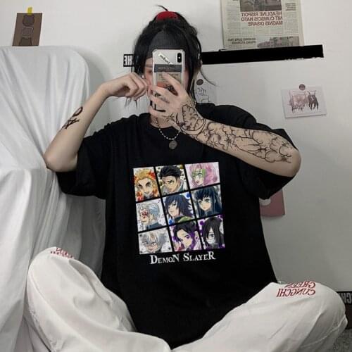 Anime Y2K Kimetsu no yaiba T shirt woman cloth Demon Slayer Harajuku Kawaii Tees Summer Loose Hip hop Manga Tops Female T-shirts