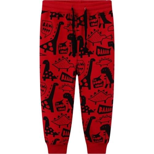 Jumping Meters Cartoon Boys Cotton Pants Spring Autumn Dark Red Dinosaur Paradise Pattern Trousers Casual Children Clothing