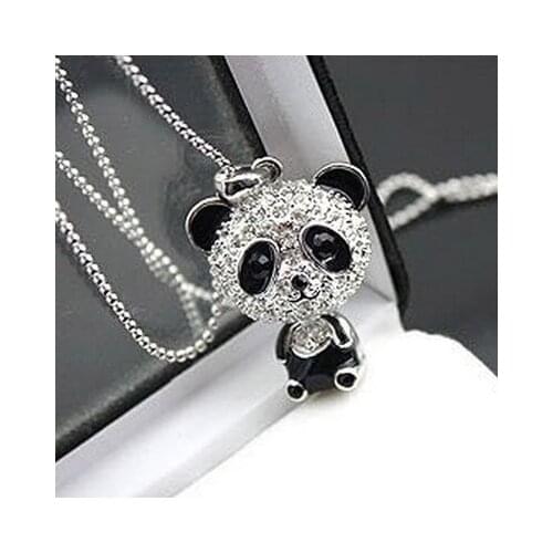 Crystal Pendant Sweater Chain Necklace Female Charm Necklace Jewelry Enamel Rhinestone Panda Silver Classical Female Metal Slide