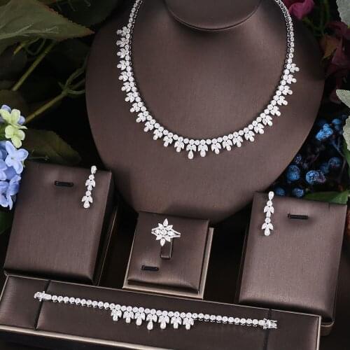 Janekelly 4pcs Bridal Zirconia Full Jewelry Sets For Women Party, Luxury Dubai Nigeria CZ Crystal Wedding Jewelry Sets