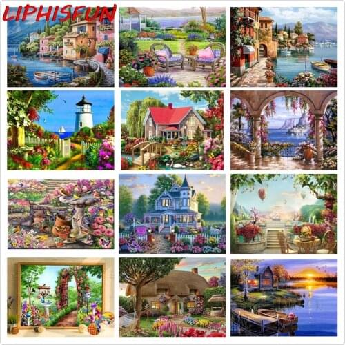 LIPHISFUN Full Square/round Drill Diamond Painting Garden Villa Scenery Lakeside Ship Diamond Embroidery Cross Stitch Home Decor