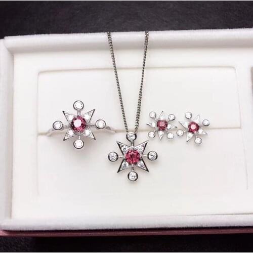 Fashion Lovely Stars Natural red garnet Pendant ring earrings Natural Gemstone Jewelry Set 925 Silver Women girl party jewelry