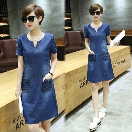 Fashion Plus Size Denim Slim Fit Dresses Women Clothing Short Sleeve Cowboy Blue Office Lady Cowboy Blue Streetwear Party Girl