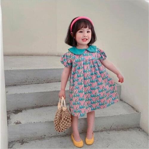 2021 New Kids Summer Dress Girl Short-sleeved Dress Cute Flower Children Baby Cotton Princess Dress For Girls 1-6 Years