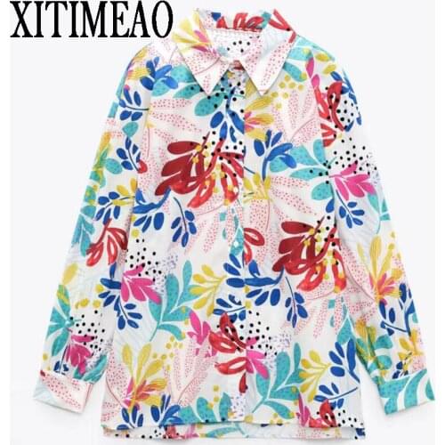 Za womens new early autumn new vintage print simple style loose Lapel shirt casual fashion cardigan womens top