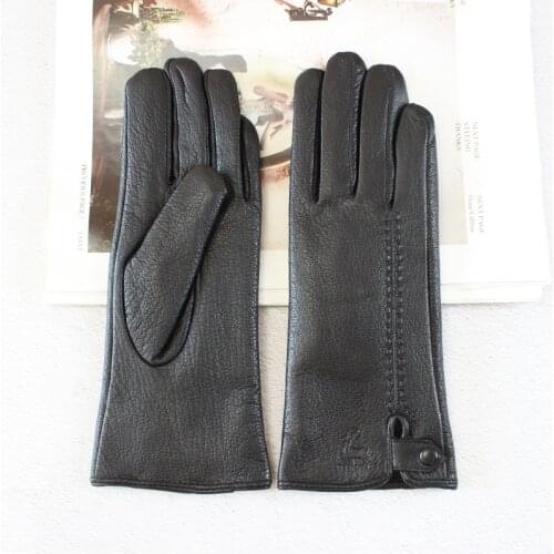 5 Partners New Womens Fashion Buckskin Gloves Velvet Lining Thin Section Driving Black Gloves Keep Warm In Autumn And Winter