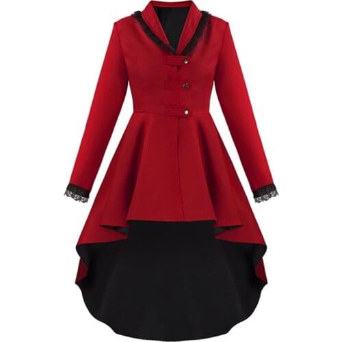 Halloween Medieval Coat Women Gothic Long Sleeve Button Asymmetrical Lace Patchwork Bandage Coat Outwear Womens Clothing