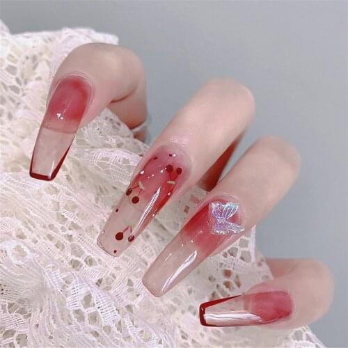 24pcs Cherry Red Wear Long Paragraph Fashion Manicure Patch False Nails Save Time Wearable Nail Patch Nail Sticker