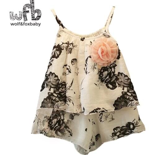 Retail 2-8 years sleeveless + pants Printing ink tape brooch two-pieces sets kids children summer