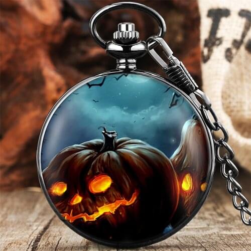 Halloween Series Theme Quartz Pocket Watch Vintage Black Pocket Chain Pendant Clock Arabic Numerals Display Dial Retro Watches