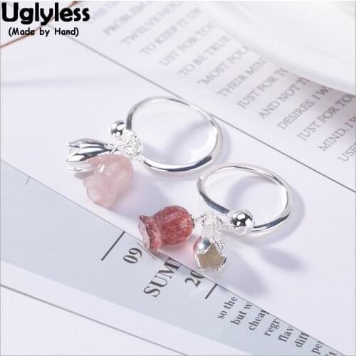 Uglyless Real 925 Sterling Silver Handmade Hollow Flower Charms Open Rings for Women Strawberry Quartz Ring Lily of the valley