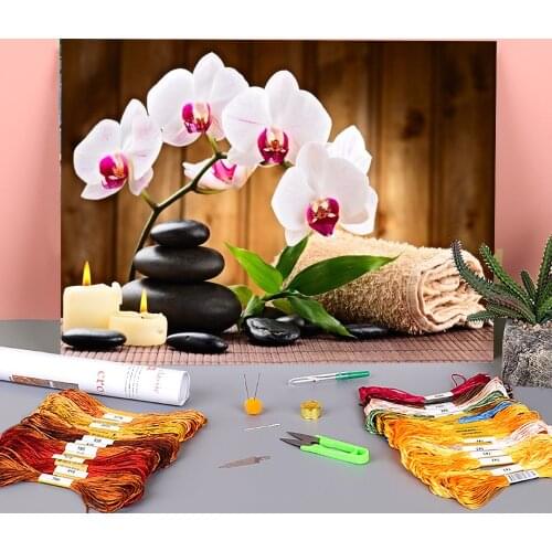 Orchid Flower Printed Water-Soluble Canvas 11CT Cross-Stitch DIY Embroidery Complete Kit DMC Threads Craft Handicraft Gift