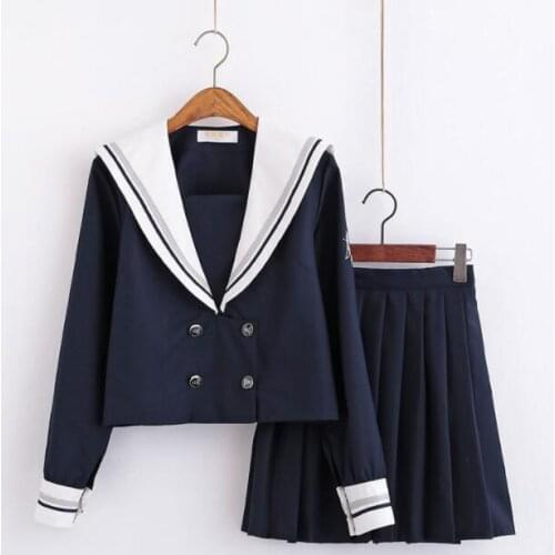 Japanese School Uniforms for Women Korean Navy Sailor Cotton School Uniform For Girls Pleated Skirt+Long Sleeve Shirt