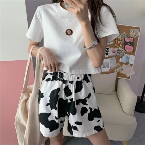 Ladies cow print shorts, outdoor leisure light sports jogging elastic waist black and white summer shorts