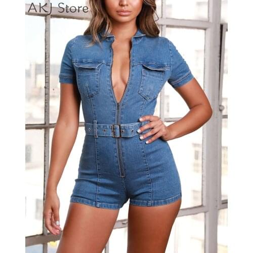Women Jeans Playsuit PocketS Zipper Design Short Sleeve Denim Romper With Sashes
