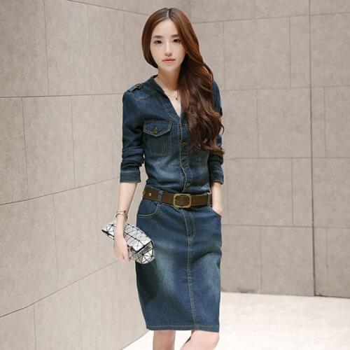 Women Denim Dress Spring Autumn Fashion V-Neck Long Sleeve Knee Length Dress Elegant Bodycon Office Lady Business Jeans Dresses