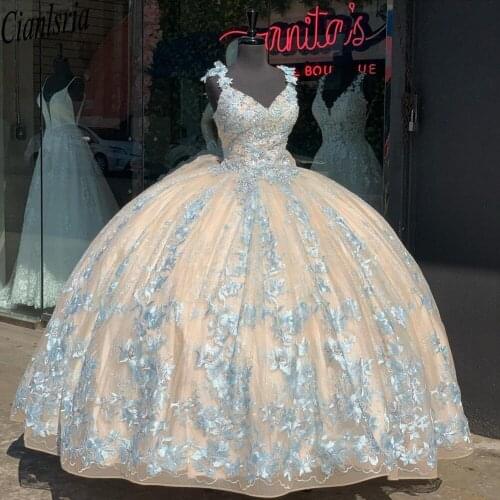 Champagne Blue Quinceanera Dresses Lace Applique Sweet 16 Dresses Vestidos De 15 Anos Masquerade xv Party Dress