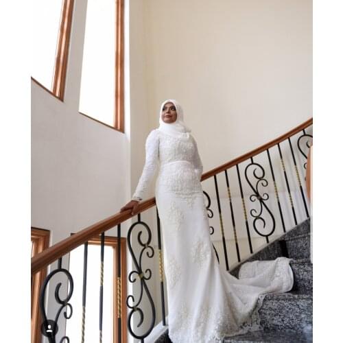 Vestido De Noiva 2019 Plus Size Long Sleeve Mermaid Lace Beaded Luxury Muslim Wedding dress long Saudi Arabic Bridal gown
