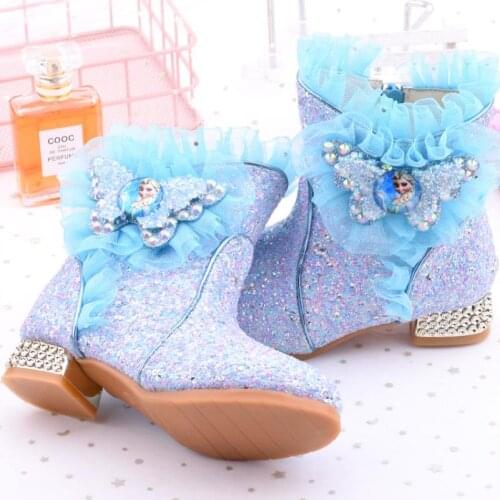 Frozen Elsa Girls' Boots Winter New Childrens Comfortable Warm Fashion Kids Plus Velvet Korean-Style Leather Soft Bottom Shoes
