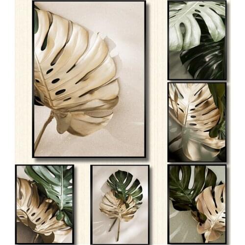 Golden Monstera Leaves Art Nature Wall Art Plant Canvas Painting Abstract Pictures for Living Room Home Decoration No Frame