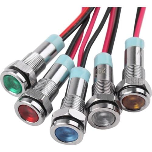 1pcs 6mm Flat head LED Metal Indicator light 6mm waterproof Signal lamp 6V 12V 24V 220v with wire red yellow blue green white