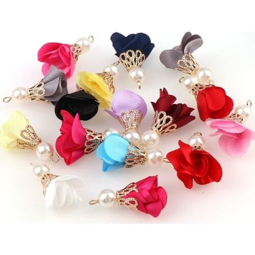 10pcs Mix Silk Satin Fabric Flower Pearl Tassel Charms Flower Tassels For Keychain Cellphone Straps Jewelry