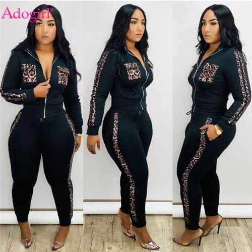 Adogirl Leopard Print Patchwork Women Tracksuit Zipper Long Sleeve Short Jacket Top Pencil Pants Fashion Casual Two Piece Set