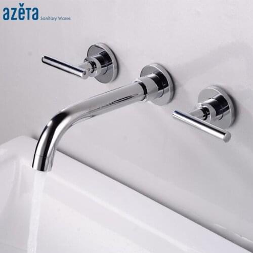 Azeta Modern Chrome Bathroom Sink Faucet Brass Wall Mounted Wash Basin Mixer Tap 3 Hole Double Handles Basin Faucet AT5666