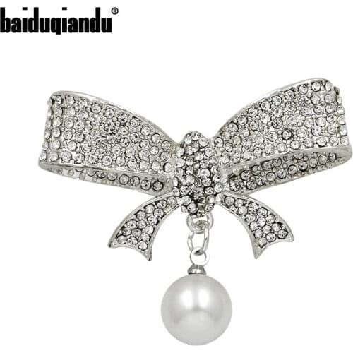 Baiduqiandu Brand Clear Crystal Rhinestones Pave and Simulated Pearl Drop Bow Brooches for Women Dress Hijab or Hats Decoration