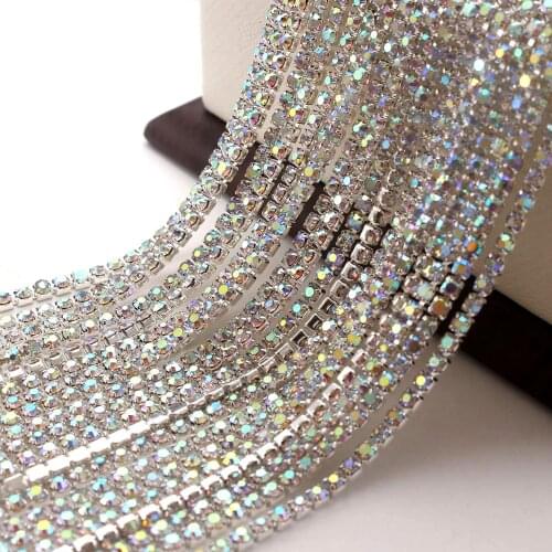 10Yards Bling Clear+AB Gradient DIY Claw Crystal Rhinestones Chain Dense Silver Base Chain For Wedding Clothing Art Decoration