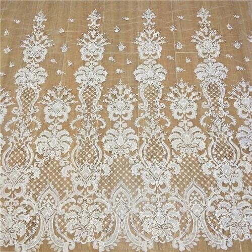 Ivory 3D Beaded Sequins Wedding Dress Lace Fabric Bridal Wedding DIY Material RS2499