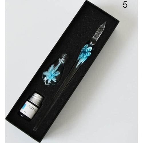 Flower Glass Dip Pen 3D Art Transparent Nib Color Ink Signature Sign Christmas Gifts Set UY8