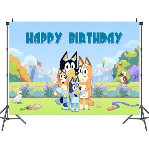 Bluey Cartoon Dogs Family Party Kids Birthday Backdrops Cake Dessert Table Decor Garden Green Lawn Baby Photography Background