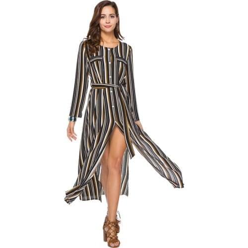 V neck stripe long dress new women Long sleeve button belt maxi dress female Streetwear casual vestidos split beach dress