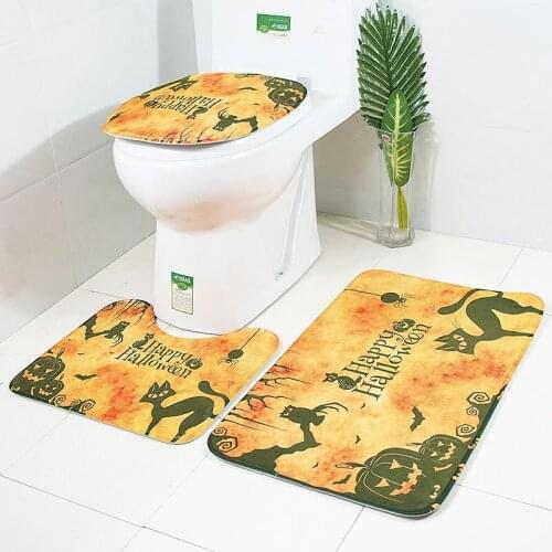Halloween Pumpkin&Black cat printing toilet pad 3PCS Flannel Bathroom Toilet Floor Mat Set Anti-Skid Toilet Cover and floor Rugs