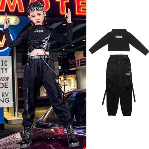 Kids Clothes Girls Childrens Day Hip Hop Street Dance Clothing Ballroom Dance Wear Girl Black Top Pants Suit XS1488