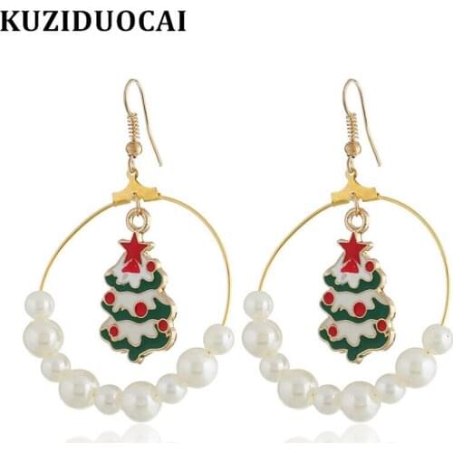Kuziduocai New Fashion Jewelry Christmas Tree Pearl Beaded Big Circle Star Snowflake Statement Earring For Women Brincos E-1716