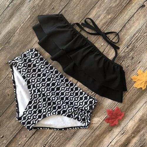 Summer New Sexy Bikini Multi Color Womens SplitFrenulum Printed High Waist Ruffle Swimsuit